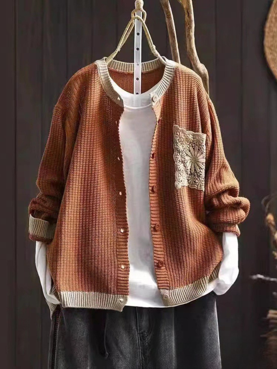 Round Neck Button Front Crochet Pocket Knit Cardigan