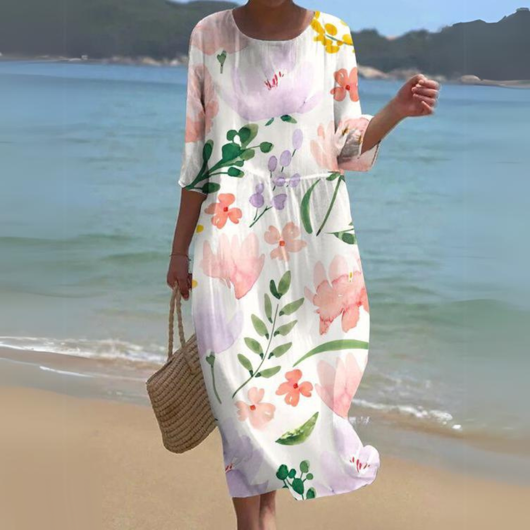 Floral Round Neck Half Sleeve Shift Summer Midi Dress