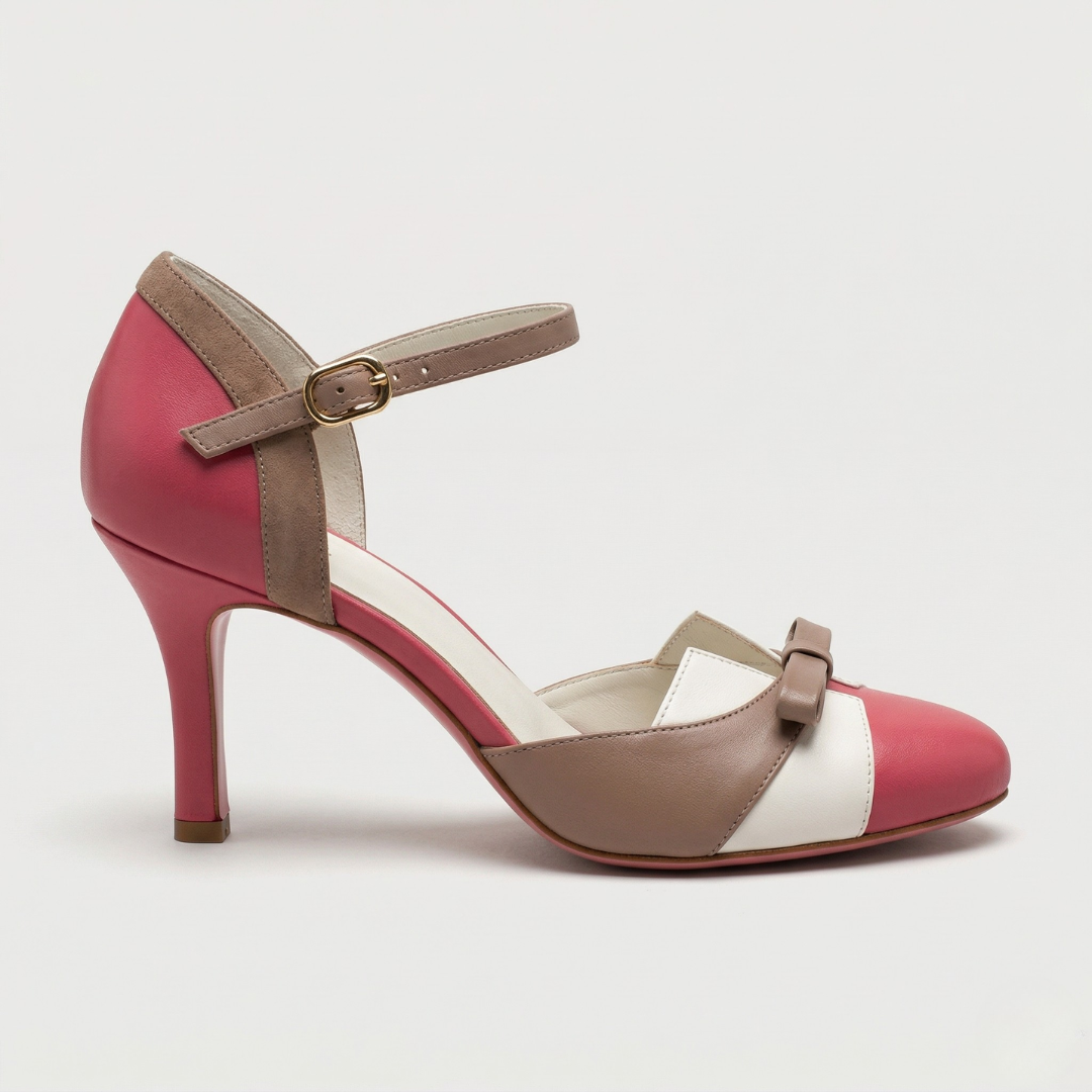 Round Toe Ankle Strap Bow Stiletto Heel Pumps