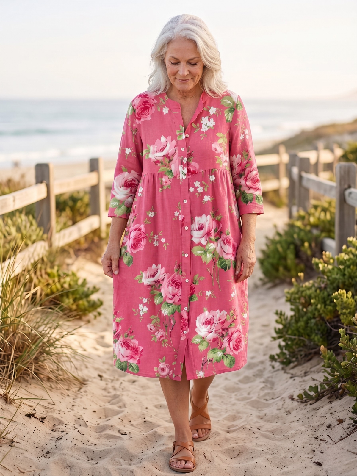 Rose Floral Button Front Long Sleeve Midi Shirt Dress