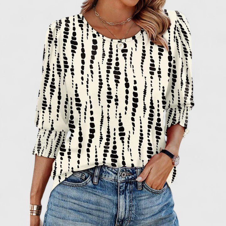 Round Neck Puff Sleeve Smocked Cuff Top