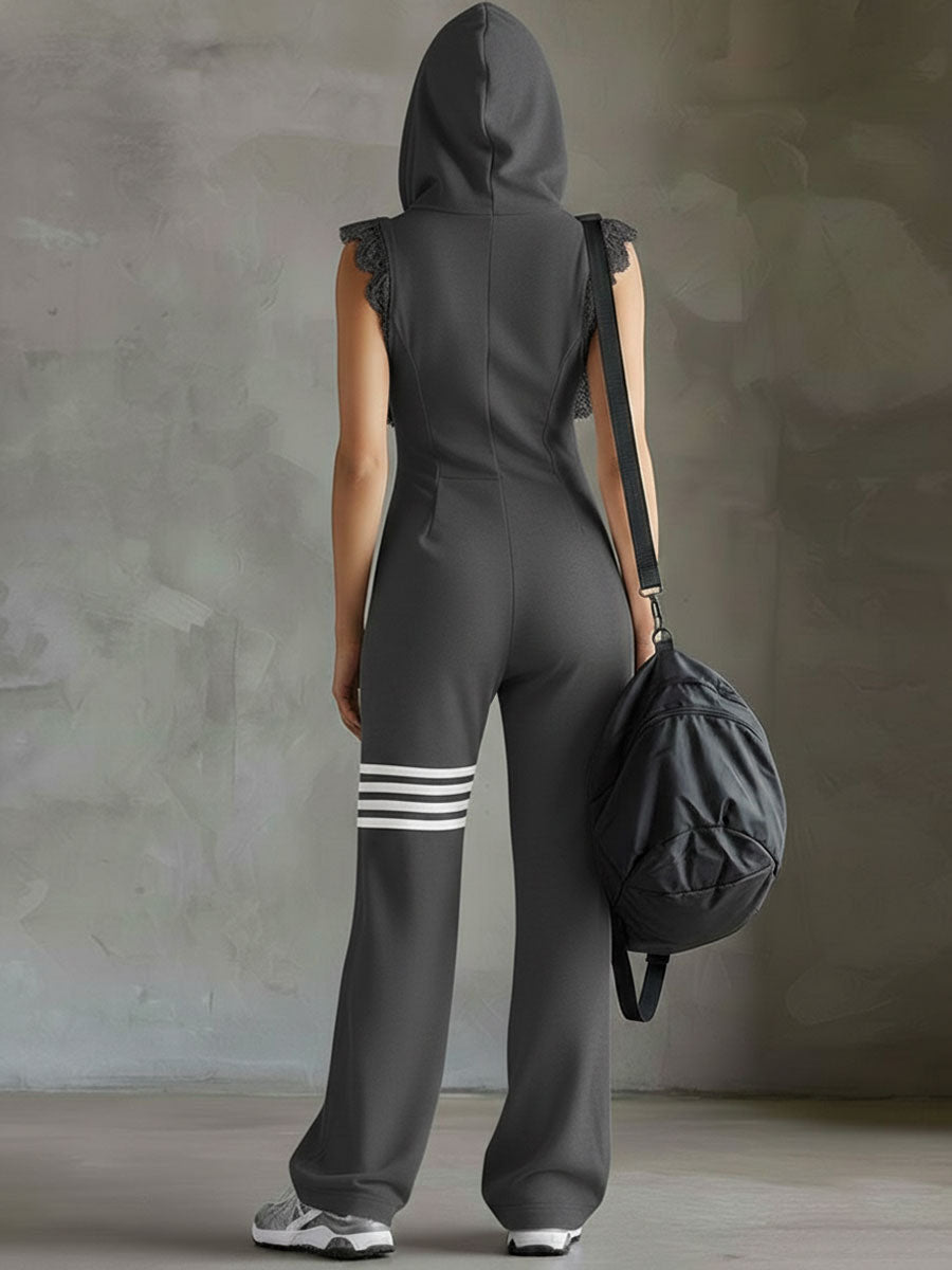 Lace Trim Hooded Zip Front Sleeveless Wide Leg Jumpsuit