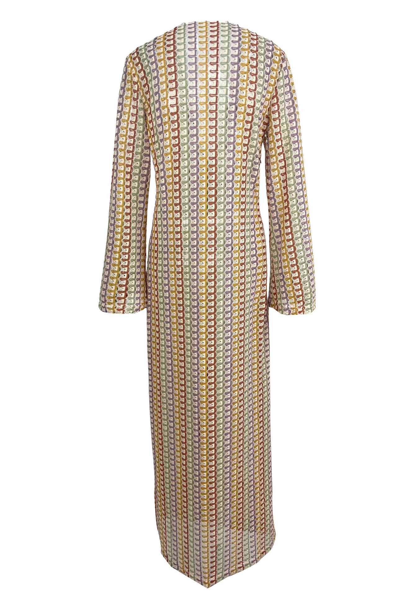 Crochet Deep V-Neck Long Sleeve Striped Boho Maxi Dress