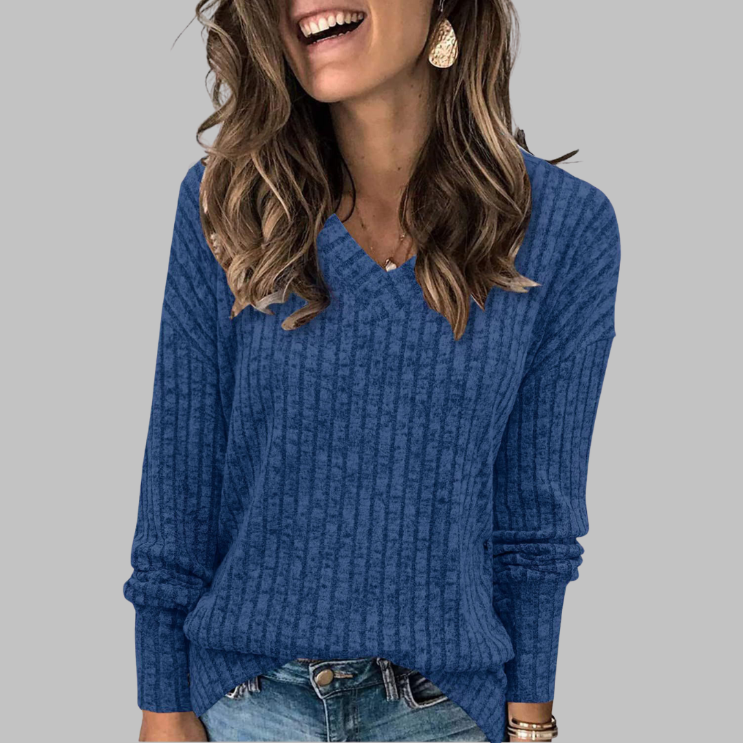 V-Neck Long Sleeve Ribbed Knit Sweater