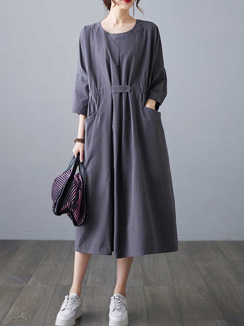 Round Neck Three Quarter Sleeve Gathered Waist Pleated Pocket A-Line Midi Dress