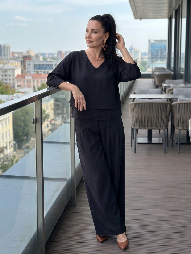 V-Neck Layered Top and Wide Leg Pants Two Piece Set