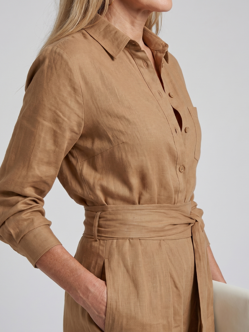 Collared Long Sleeve Belted Wide Leg Jumpsuit