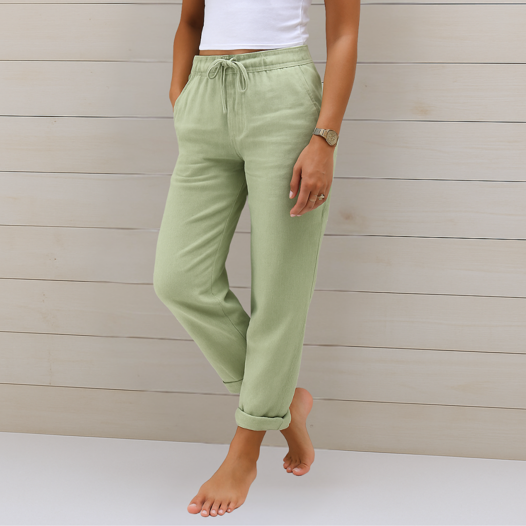 High Waist Drawstring Linen Look Tapered Pants