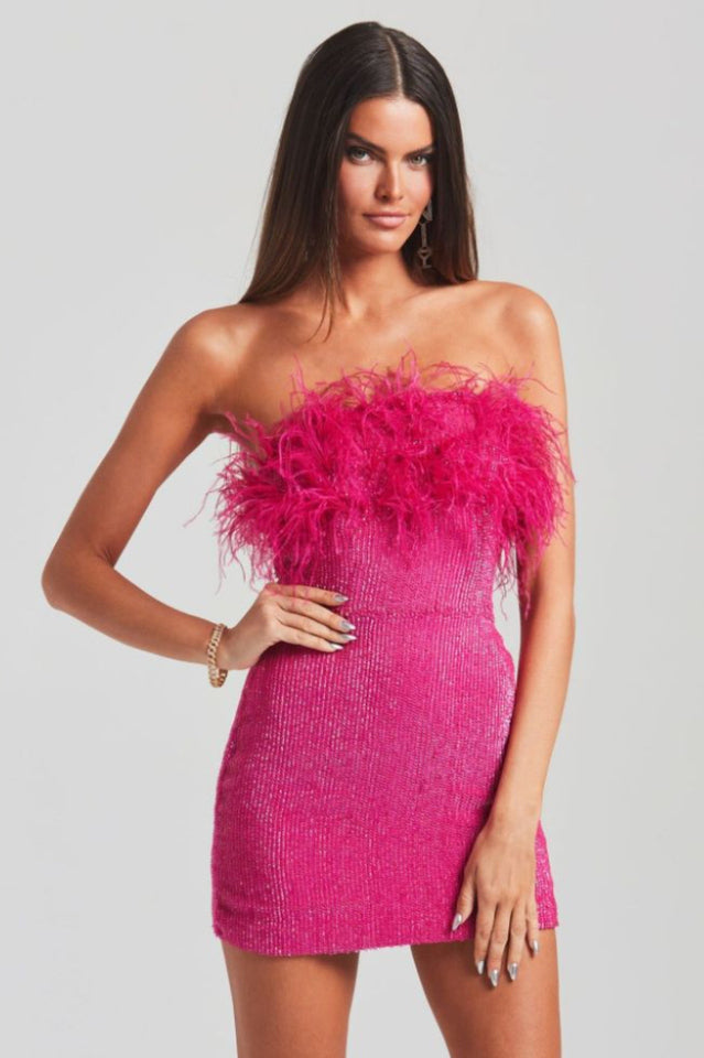 Strapless Feather Trim Sequin Bodycon Mini Party Dress 6