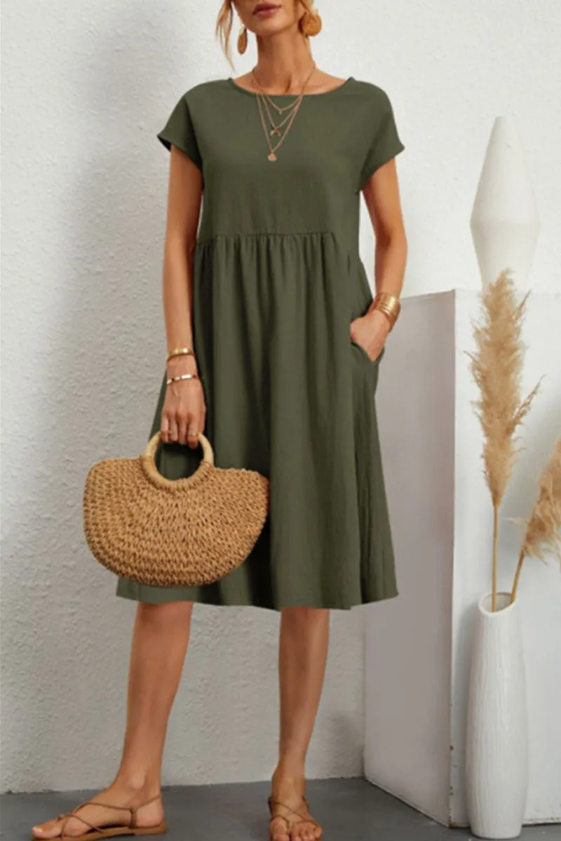 Linen Blend Print A-Line Short Sleeve Midi Dress