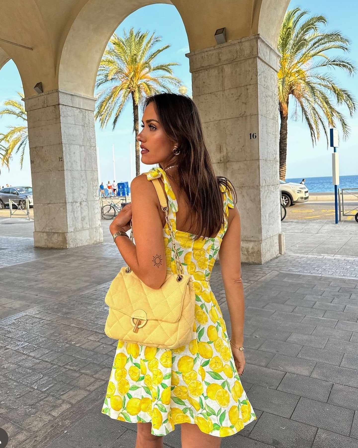 Lemon Print Square Neck Tie Strap Fit and Flare Summer Mini Dress