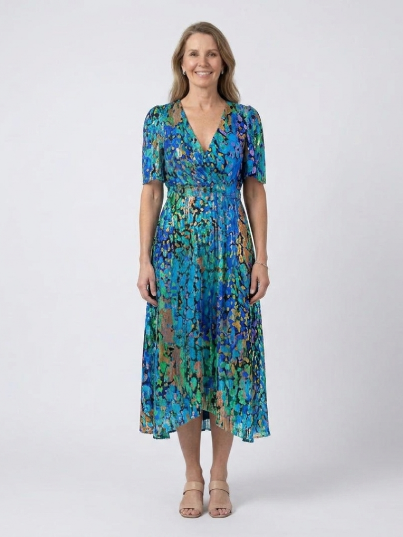 Abstract Print V-Neck Short Sleeve Pleated Midi Dress