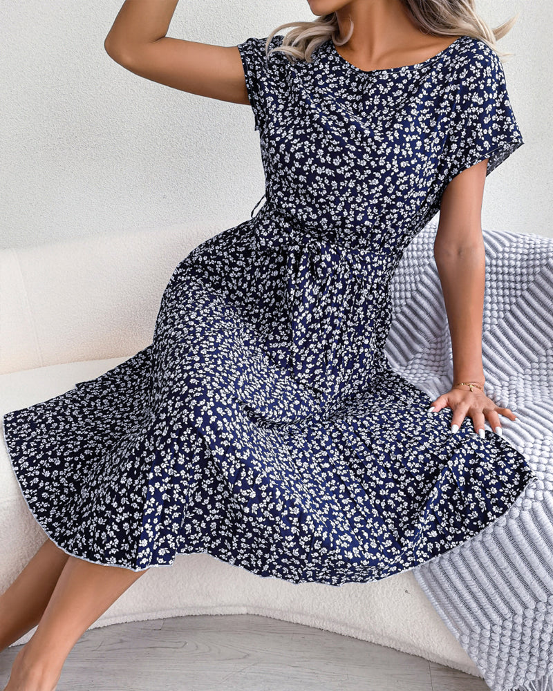 Short sleeve floral print tie dress