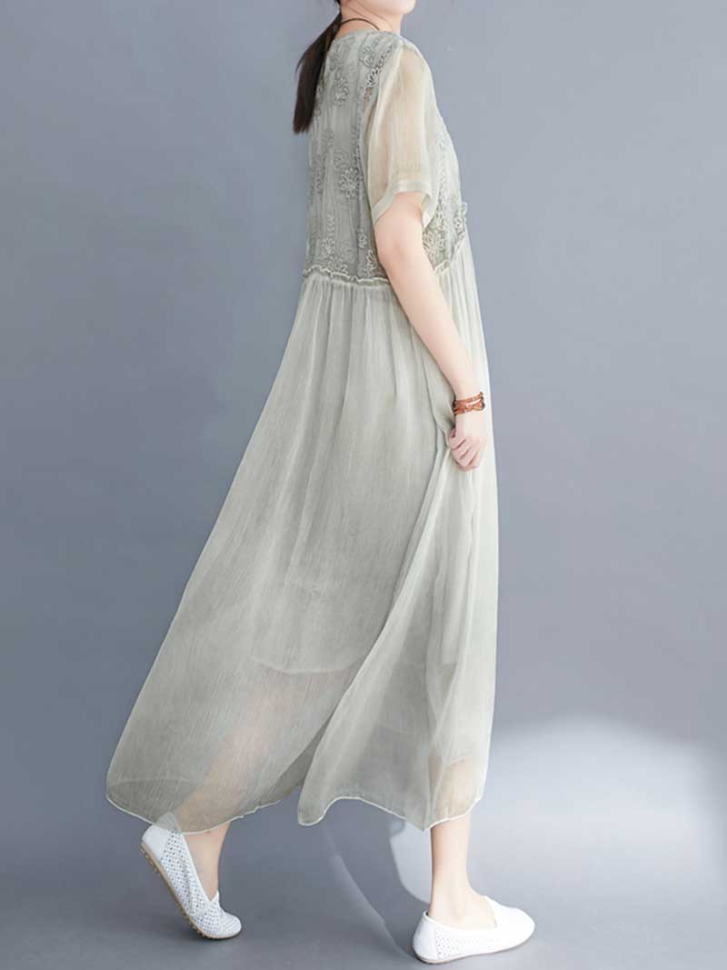 Lace Bodice Sheer Overlay Empire Waist Handkerchief Hem Midi Dress