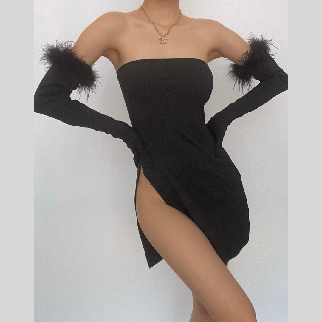 Strapless High Split Tube Mini Dress with Feather Trim Gloves
