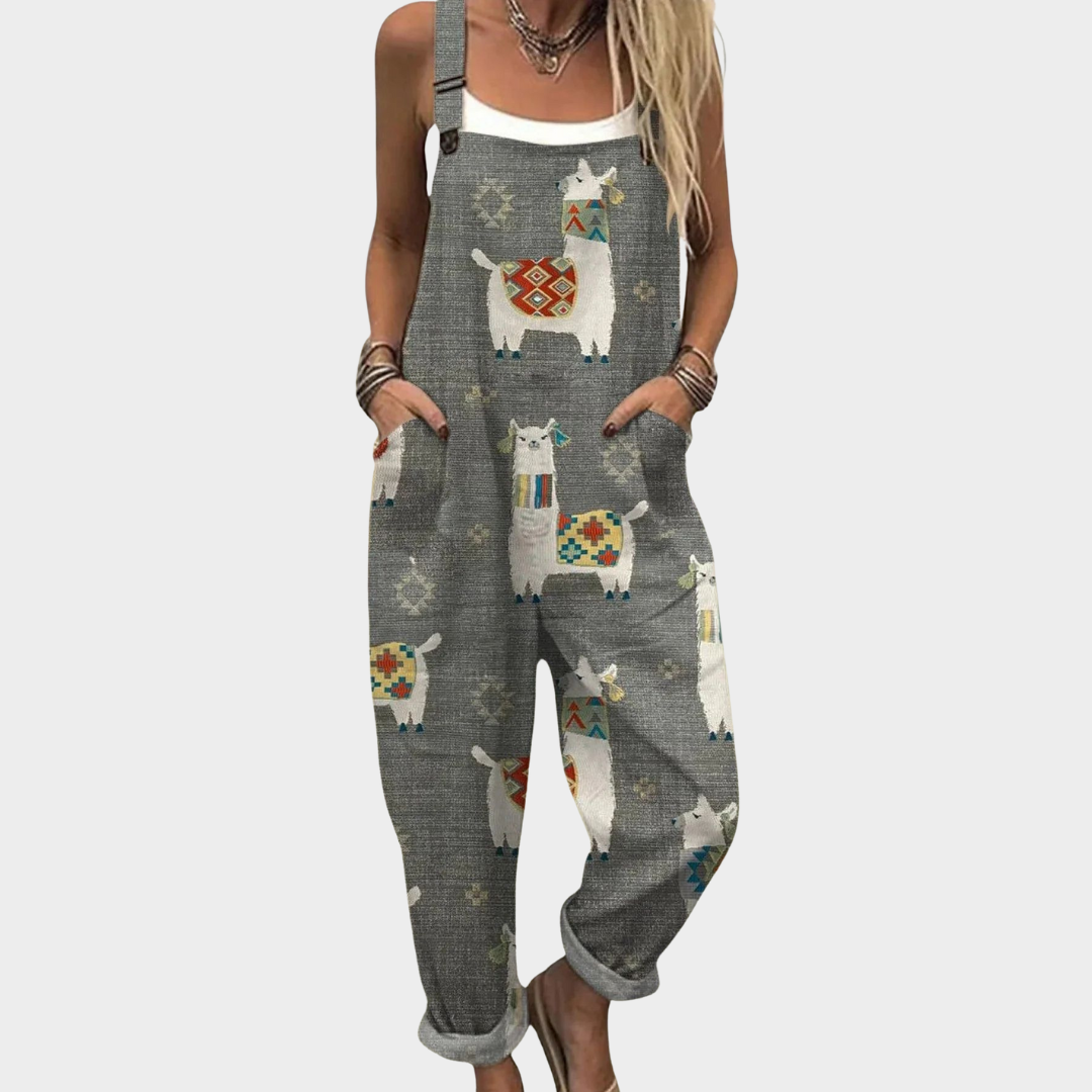 Llama Print Pocket Wide Leg Overall Jumpsuit