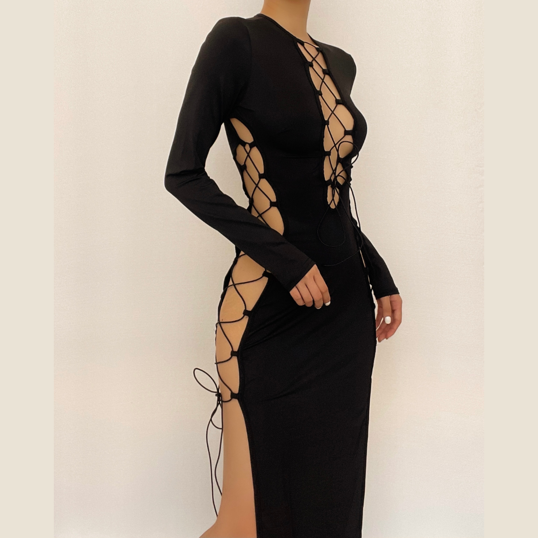 Lace Up Cut Out Round Neck Long Sleeve High Split Midi Dress