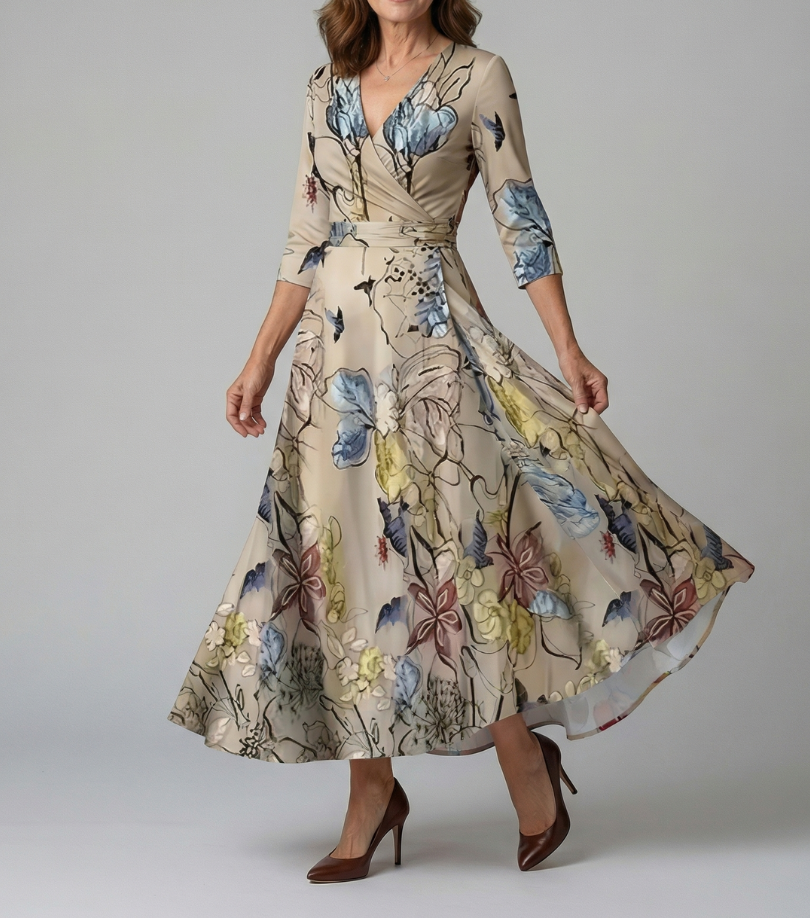 Floral Print Wrap V-Neck Maxi Dress