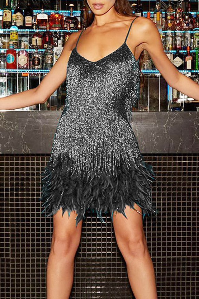 Sequin Fringe V-Neck Spaghetti Strap Feather Hem Mini Cocktail Dress 29