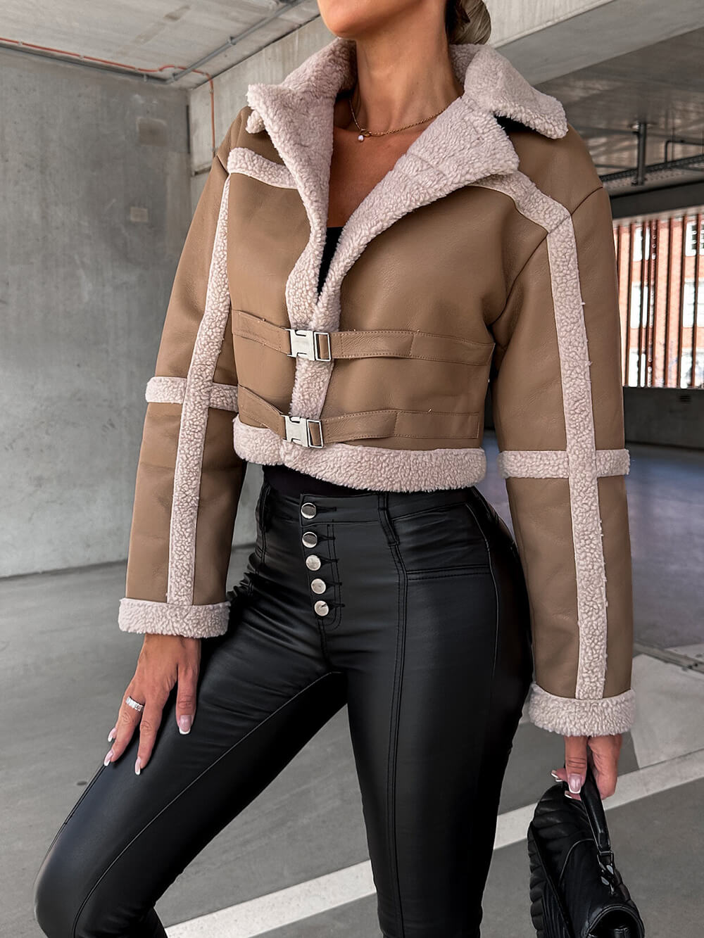 Faux Leather Fleece Trim Belted Cropped Aviator Jacket