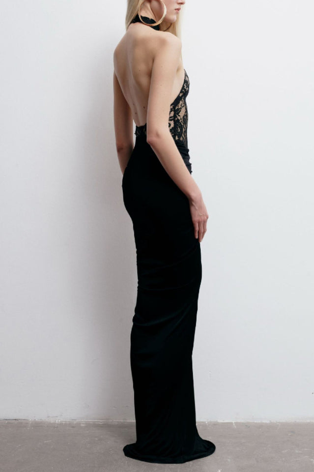 Lace Halter Neck Backless Ruched Mermaid Gown