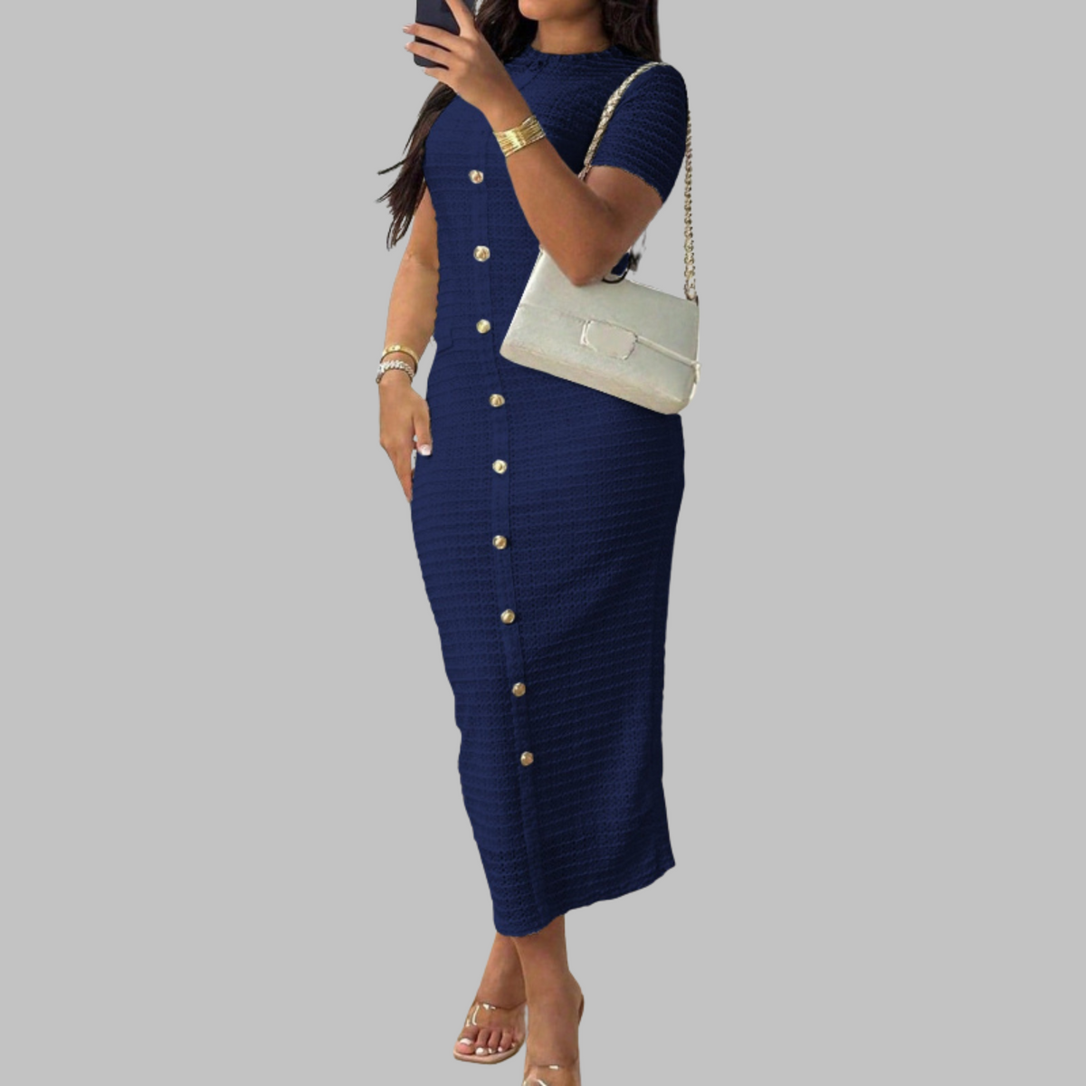 Mock Neck Short Sleeve Button Front Bodycon Midi Dress 9