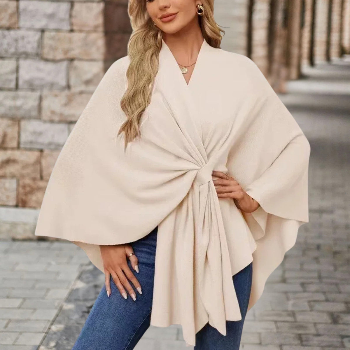 Twist Front Batwing Sleeve Knit Poncho
