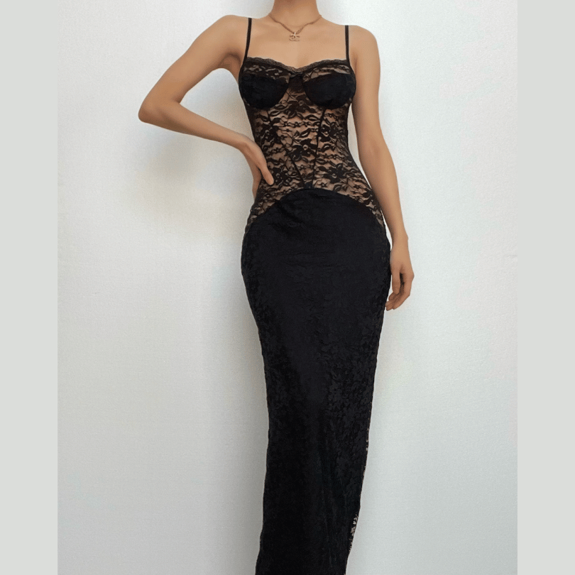 Sheer Lace Bustier Spaghetti Strap Bodycon Maxi Dress