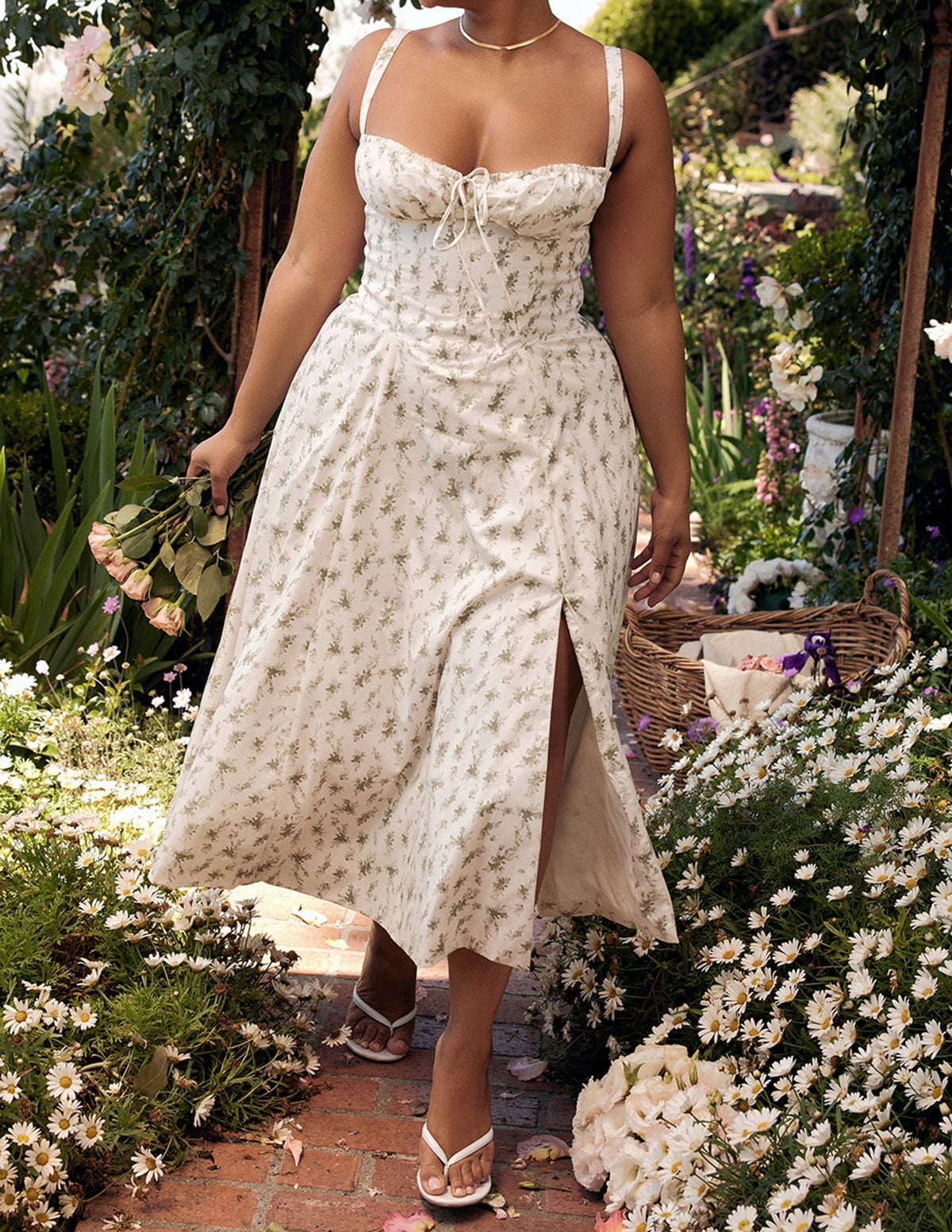 Floral Print Sweetheart Neck Corset High Split Midi Dress