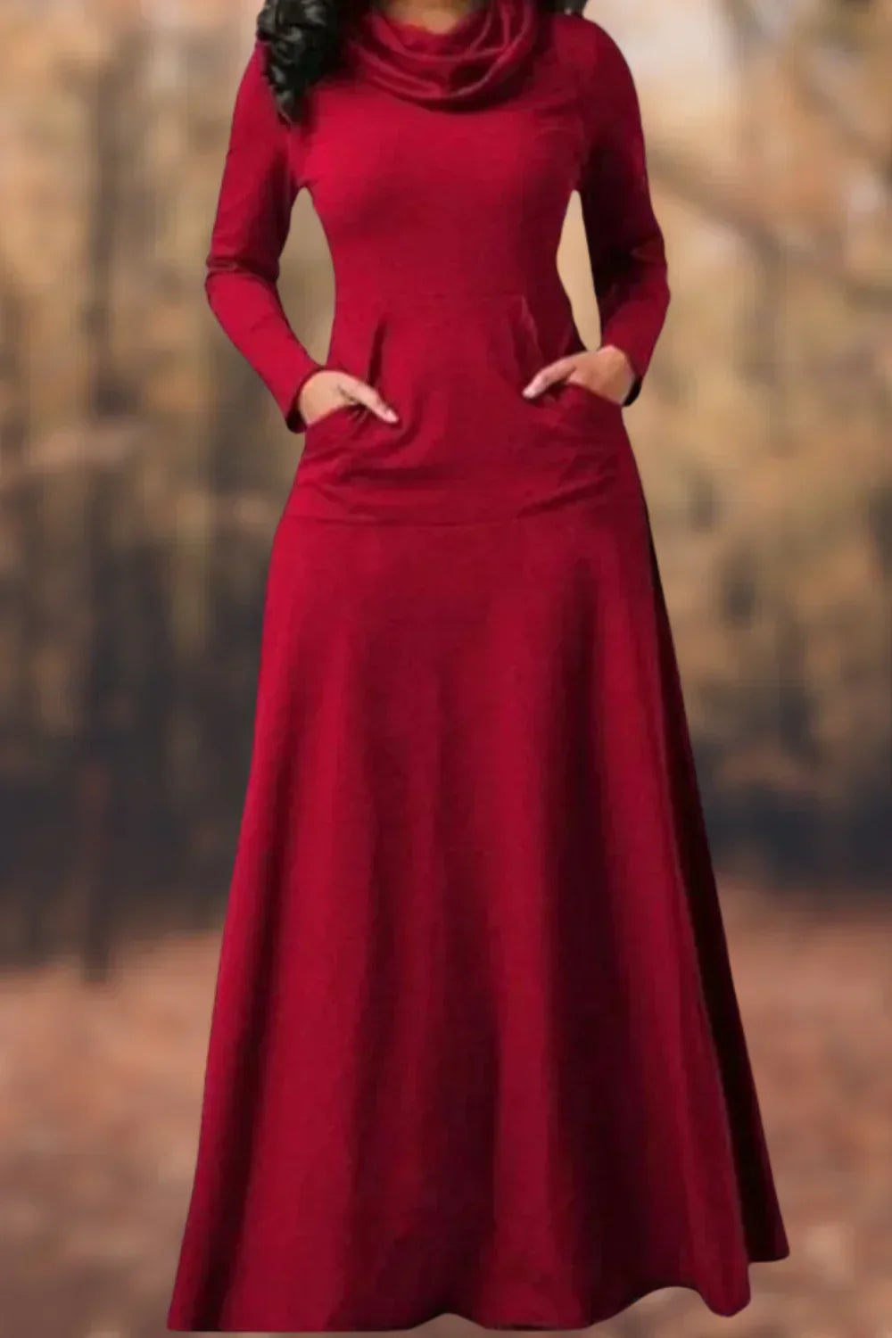 Knit Cowl Neck Long Sleeve Kangaroo Pocket Maxi Dress