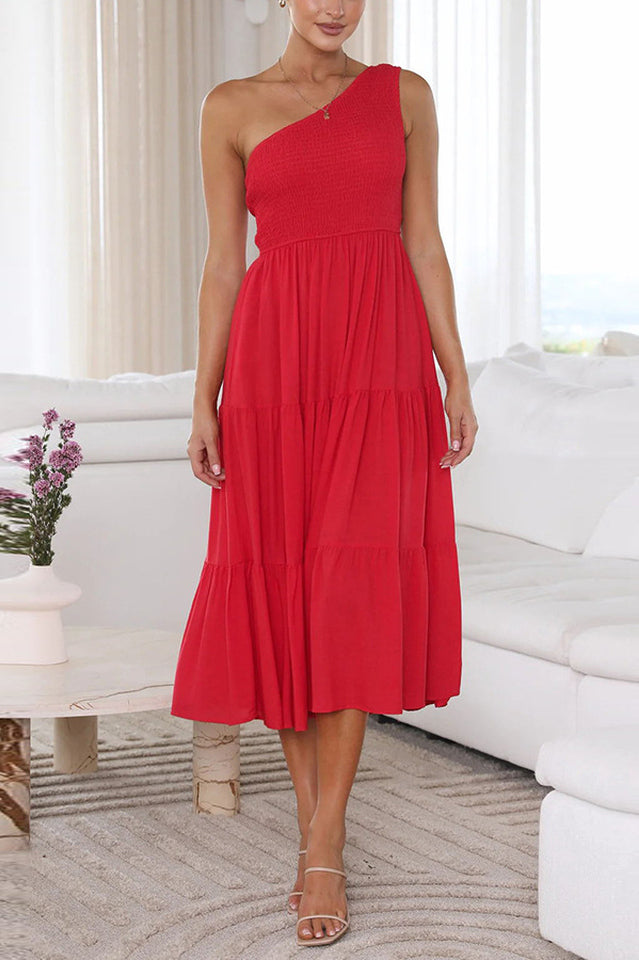 One Shoulder Smocked Bodice Sleeveless Tiered Midi Summer Dress 12