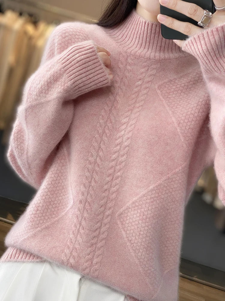 Mock Neck Long Sleeve Cable Knit Sweater