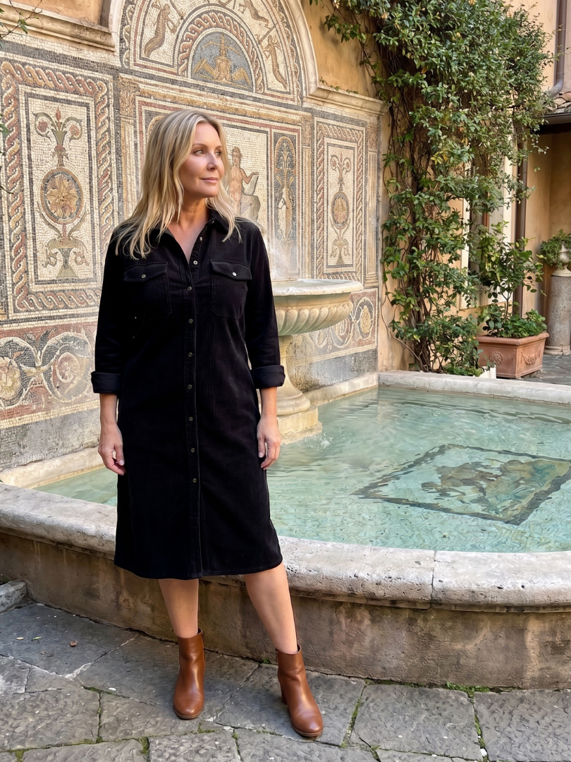 Long Sleeve Button Front Patch Pocket Corduroy Shirt Dress
