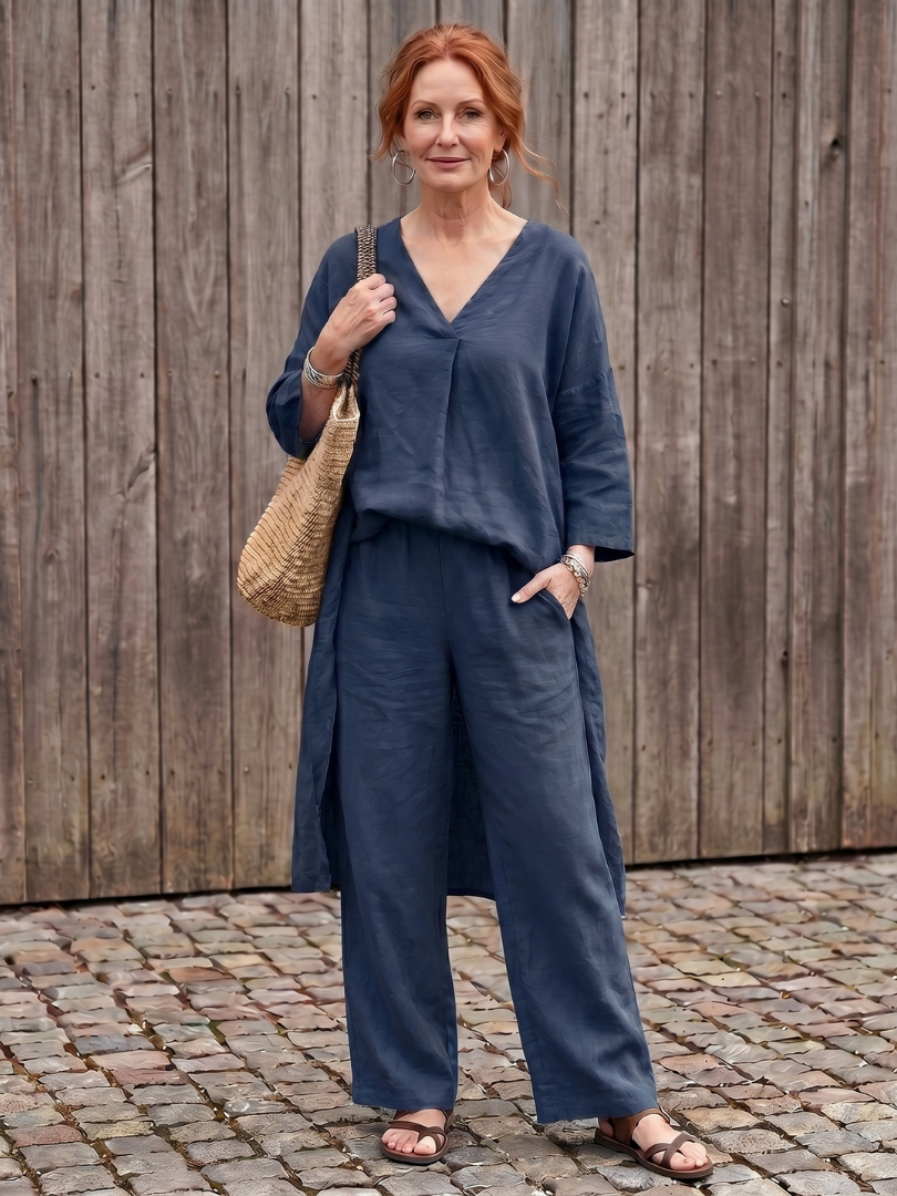 V-Neck Tunic Top and Wide Leg Pants Two Piece Set