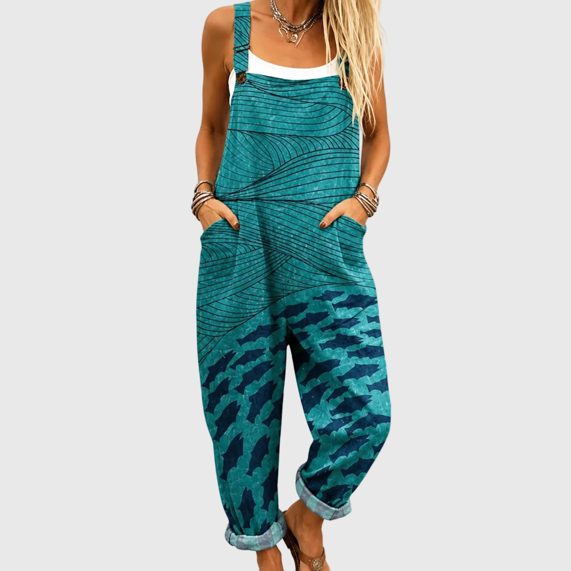 Wave Abstract Print Adjustable Strap Overall Jumpsuit