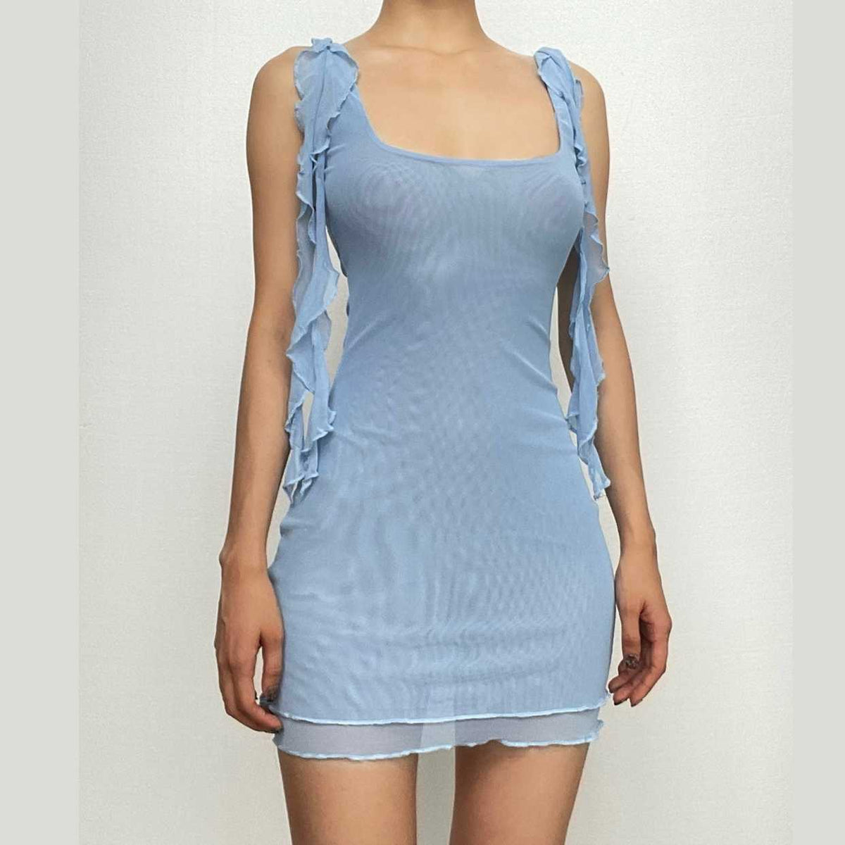 Mesh Square Neck Ruffle Strap Layered Hem Bodycon Mini Dress 2