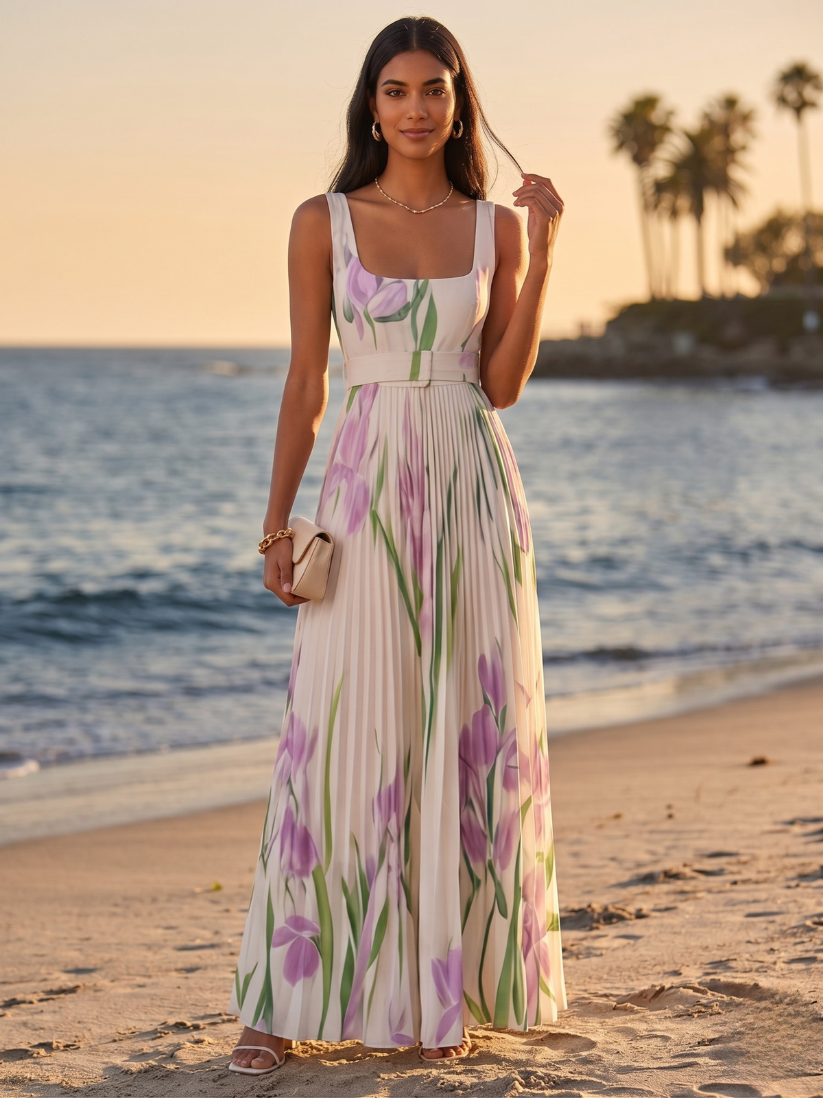 Floral Print Square Neck Belted Pleated Maxi Dress