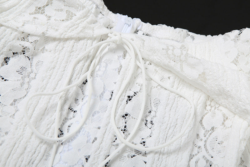 Off Shoulder Lace Bell Sleeve Ribbon Tie Bodycon Mini Dress