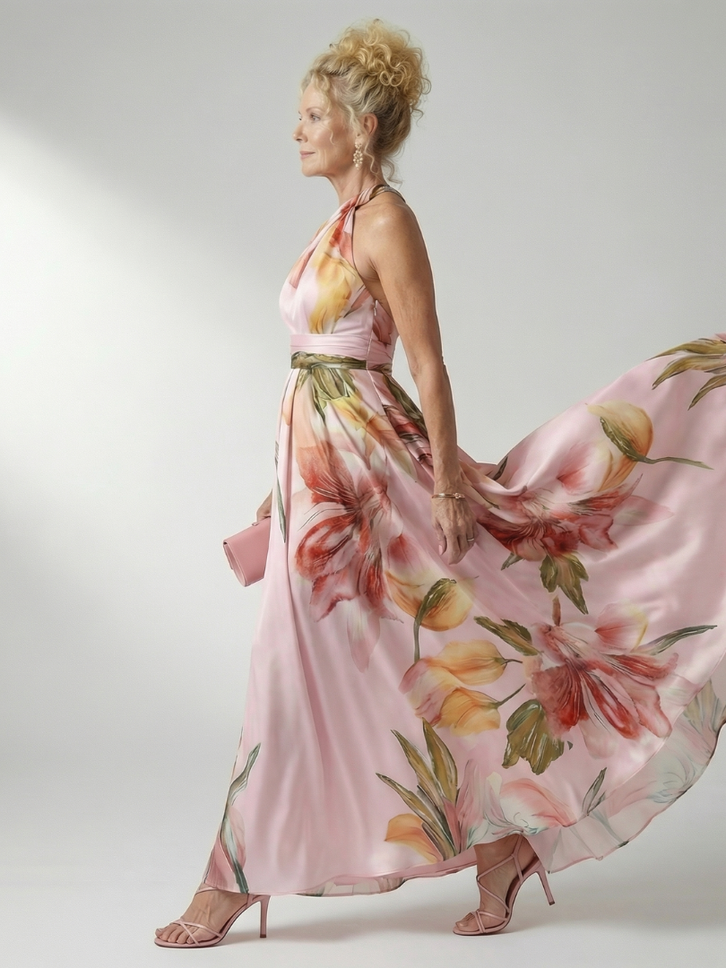 Floral Print One Shoulder Satin Maxi Dress