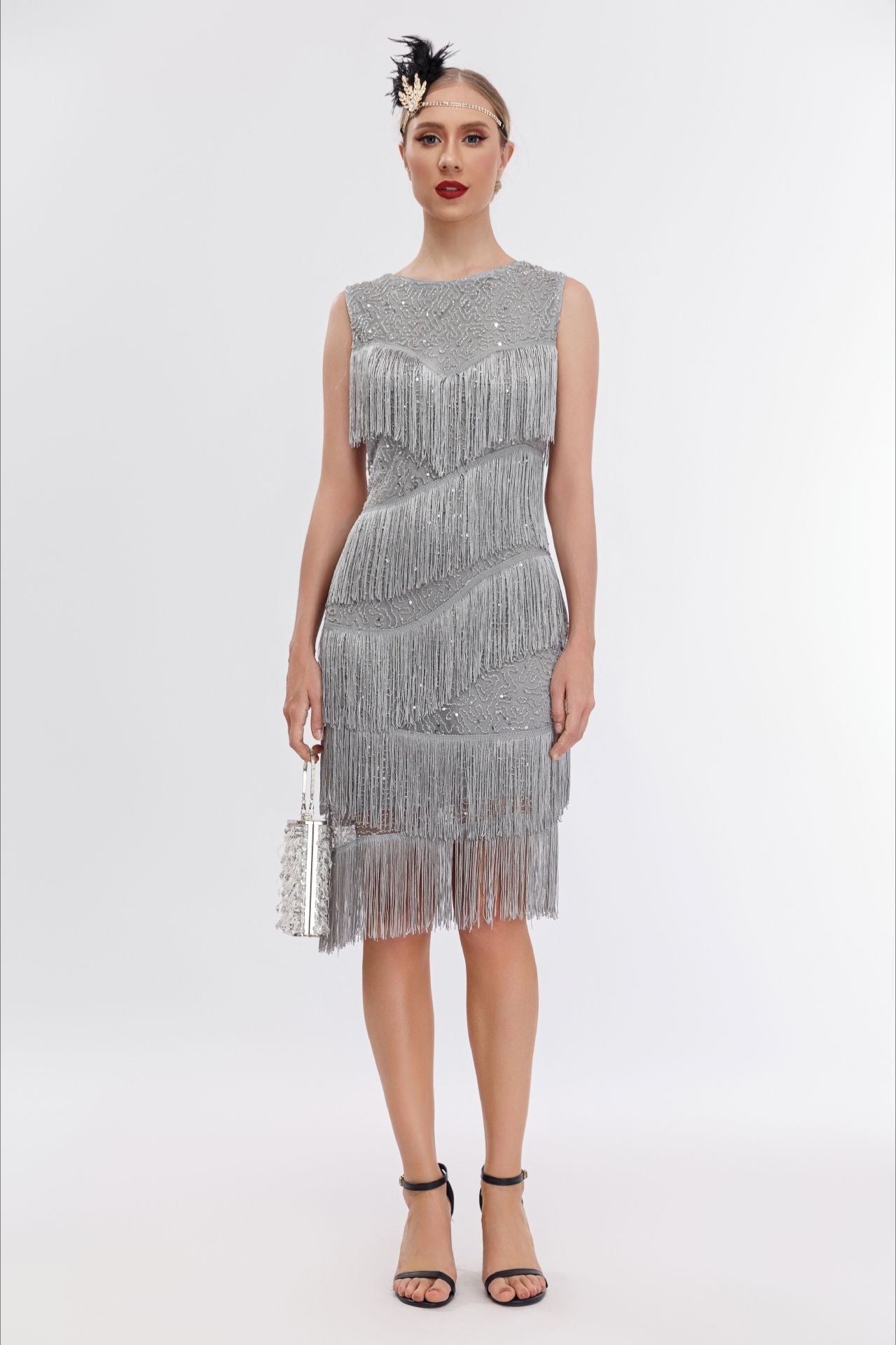 Sequin Beaded Tiered Fringe Sleeveless Shift Mini Cocktail Dress