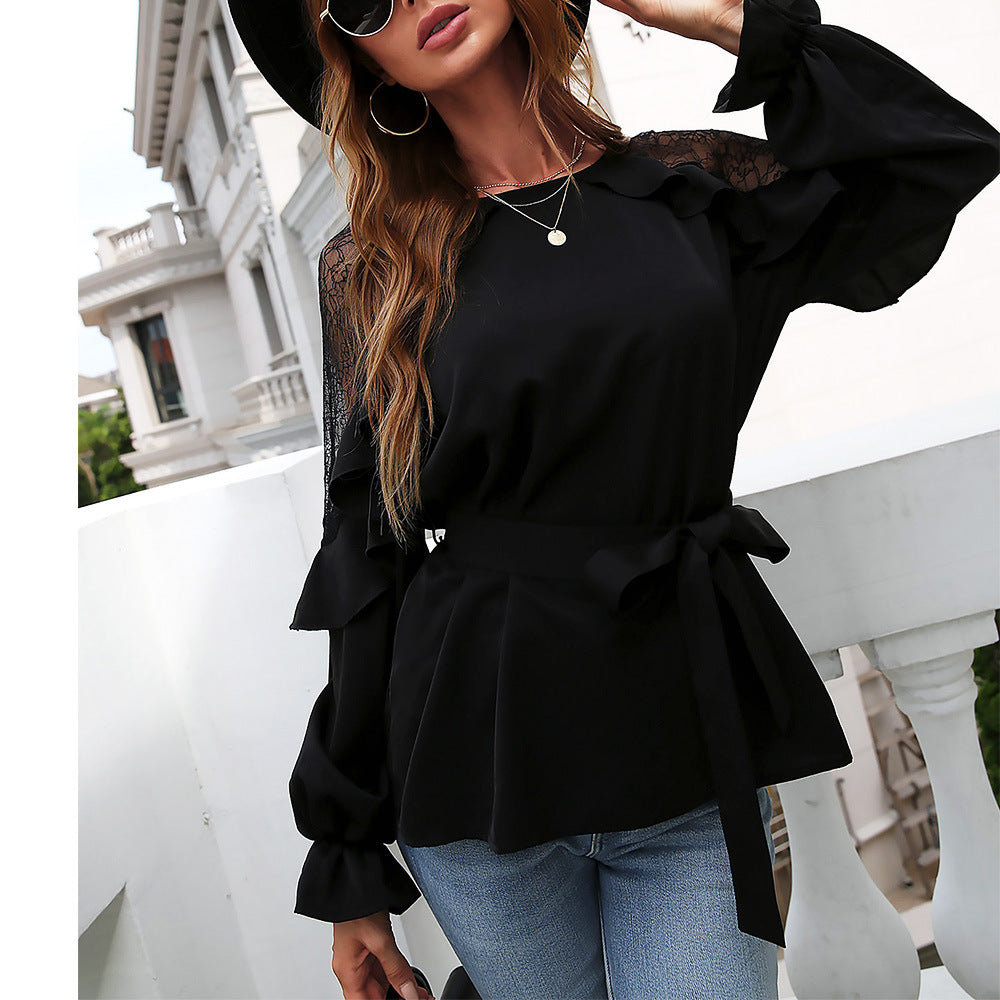 Lace Shoulder Ruffle Trim Long Sleeve Tie Waist Belted Blouse 4