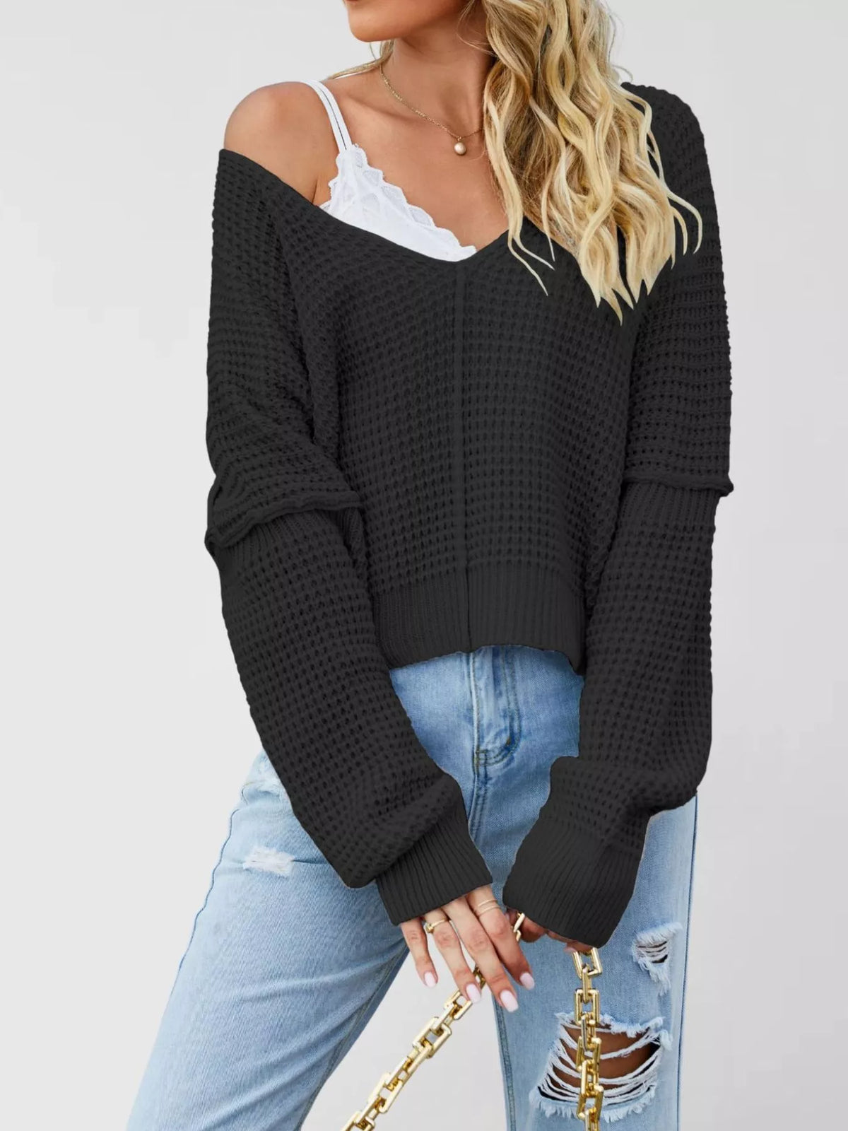 V-Neck Waffle Knit Drop Shoulder Exposed Seam Long Sleeve Sweater 6