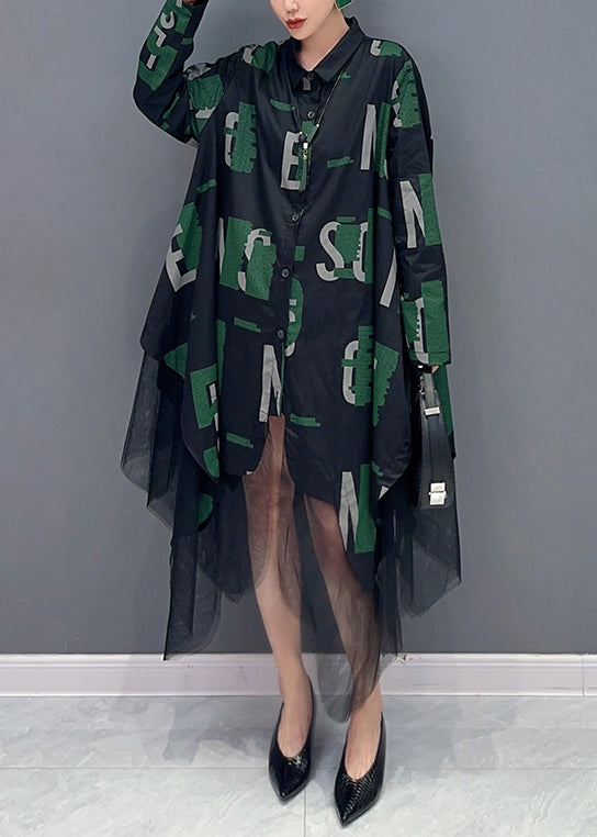 Letter Print Collared Button Down Long Sleeve Tulle Asymmetric Hem Shirt Dress