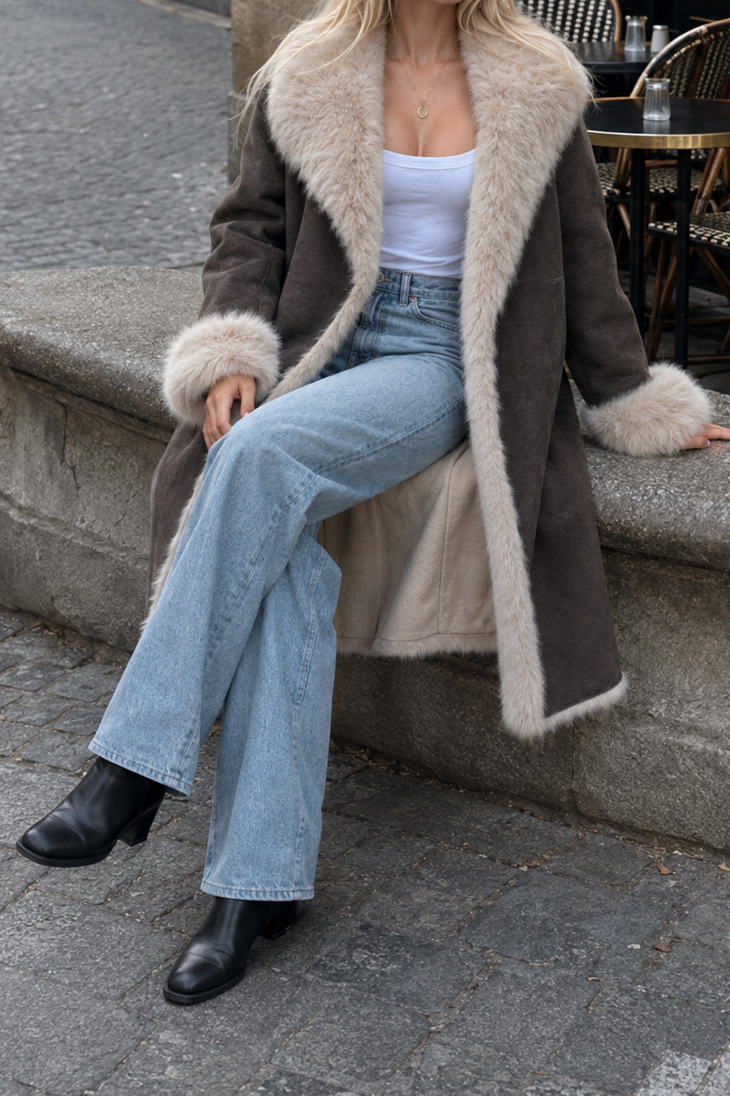 Faux Suede Faux Fur Trim Collar and Cuff Longline Coat 3