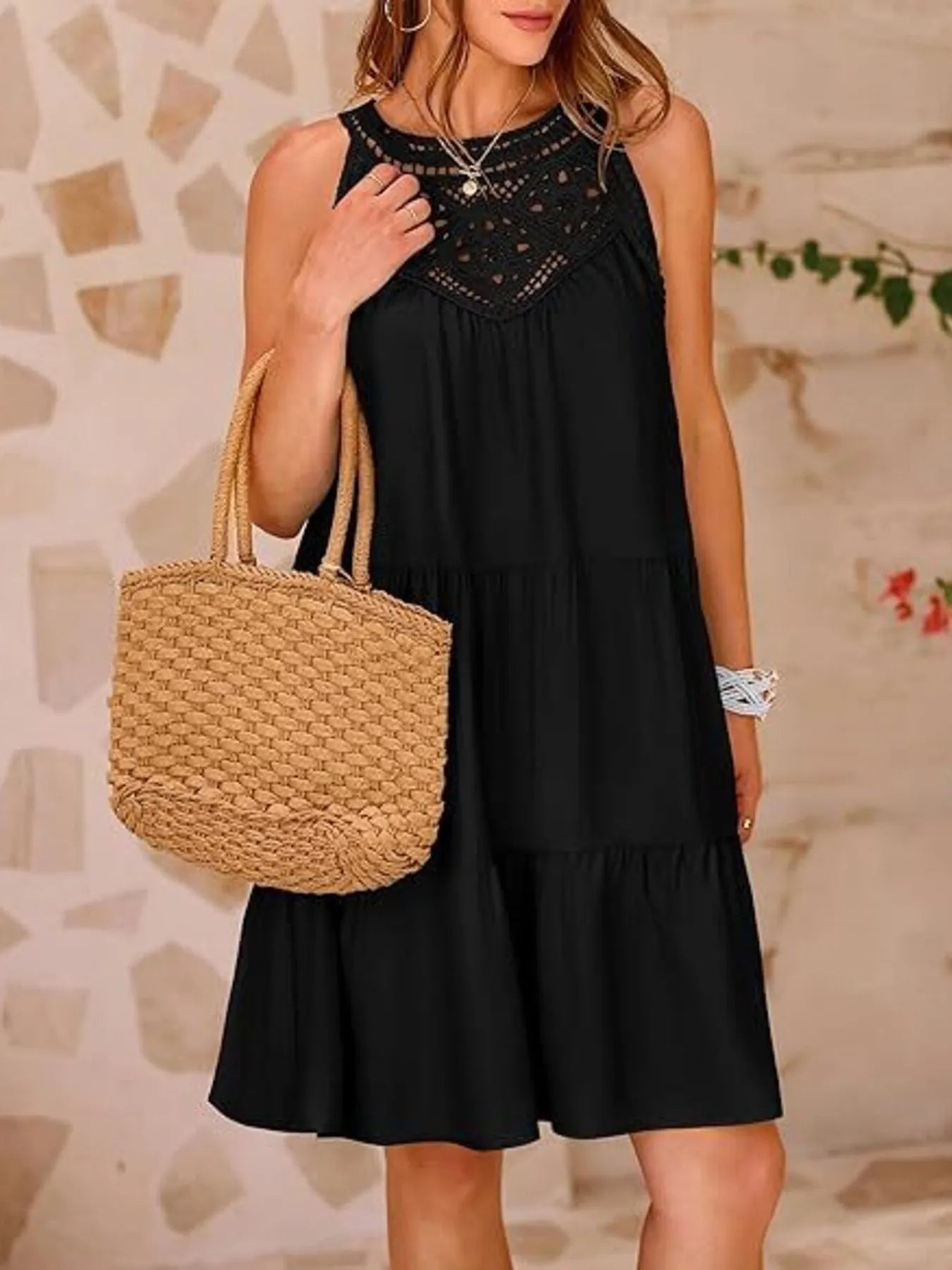 Halter Neck Crochet Lace Yoke Sleeveless Tiered Mini Dress 2