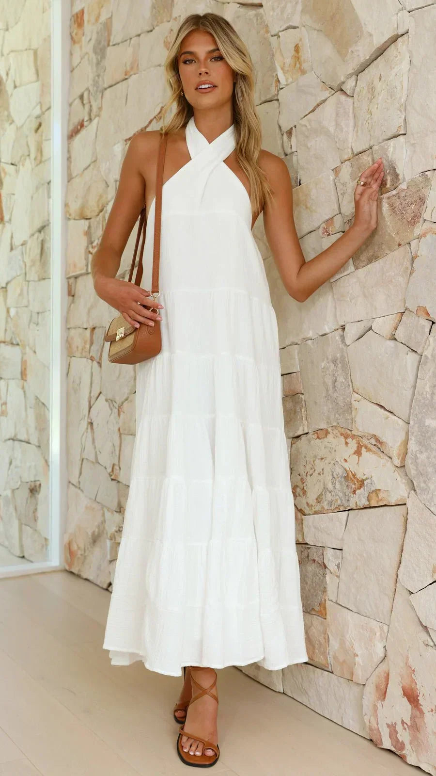 Halter Neck Tiered Crinkle Texture A-Line Maxi Summer Dress