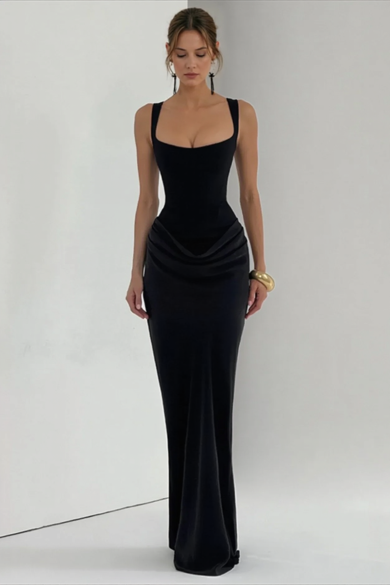 Solid Square Neck Ruched Panel Bodycon Party Dress