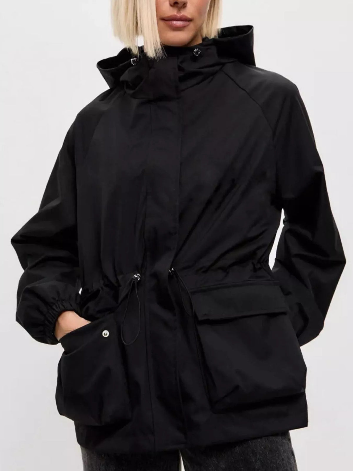 Hooded Drawstring Waist Flap Pocket Zip Front Windbreaker Jacket 14