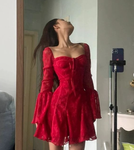 Charming Red Sweatheart Neck Lace A Line Homecoming Dress cc1710