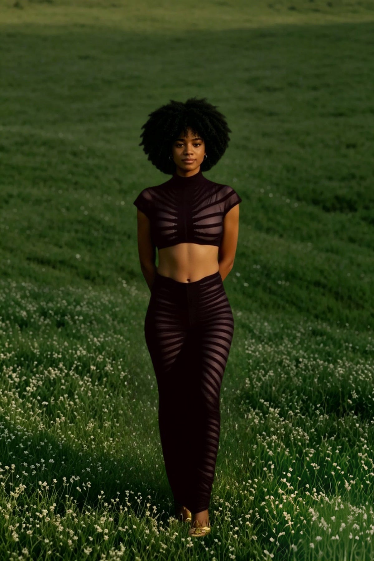 Sheer Stripe Knit Mock Neck Crop Top and Maxi Skirt Two Piece Set